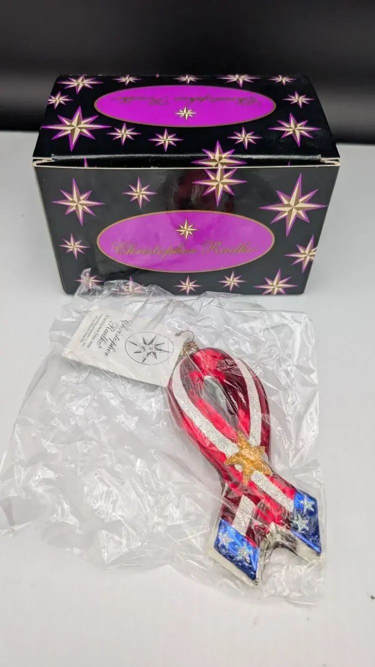 Christopher Radko Glass Ornament United For Freedom Ribbon USA 5'' w/ Box & Tag